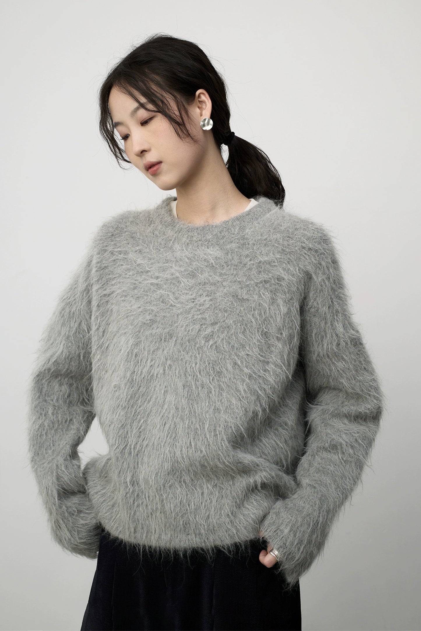 CAREMIND Grey Alpaca Long Hair Top Women's 2024 New Premium Gentle Pullover