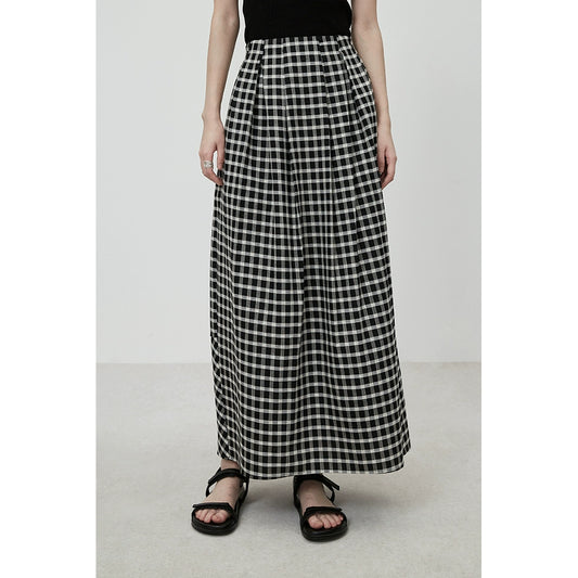 CAREMIND Hong Kong-style black and white plaid skirt autumn new retro high-waisted design long skirt