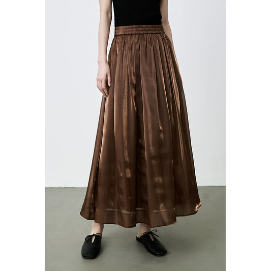 CAREMIND gilt yarn skirt, national style medium and long elastic waist drape a-word pleated skirt