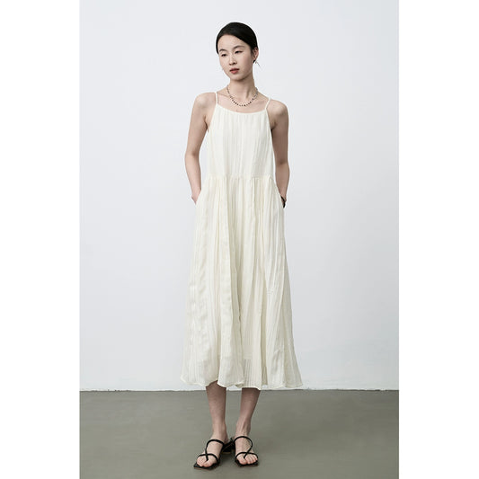 CAREMIND French Gentle Cream Apricot Suspender Dress Sleeveless Woven Textured Skirt