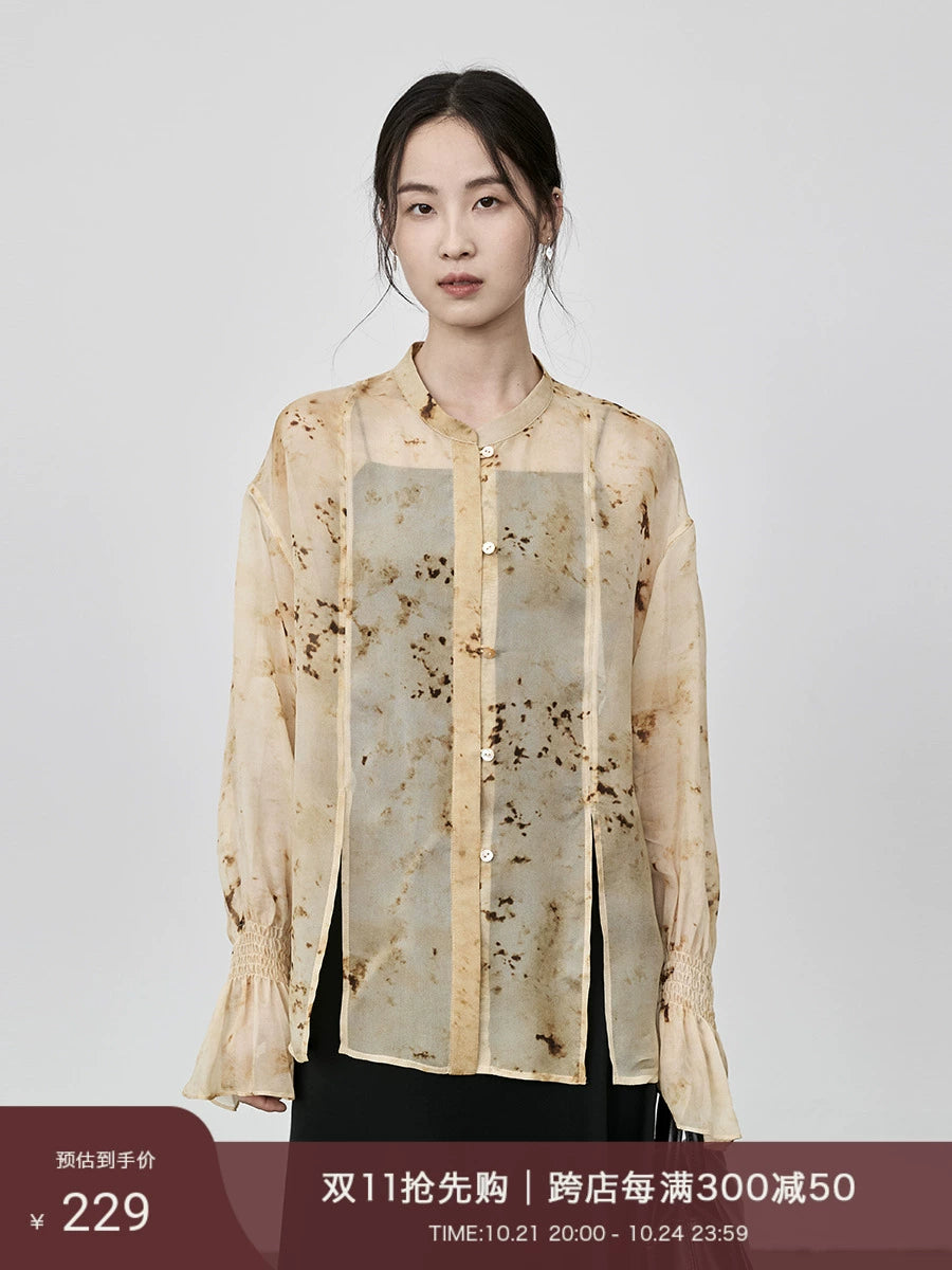 CAREMIND national style new Chinese top wide version sunscreen shirt elegant slightly transparent long-sleeved shirt women