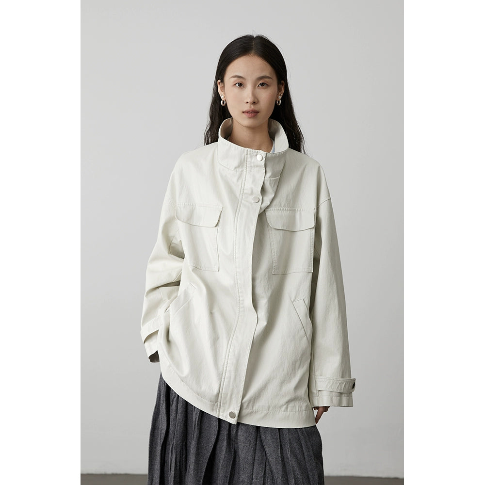 [White Gull] CAREMIND beige large pocket tooling jacket jacket casual loose silhouette short trench coat