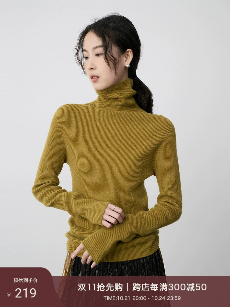 CAREMIND100% pure wool seamless turtleneck bottoming shirt five-color slim-fitting headgear knitted sweater inner cardigan women