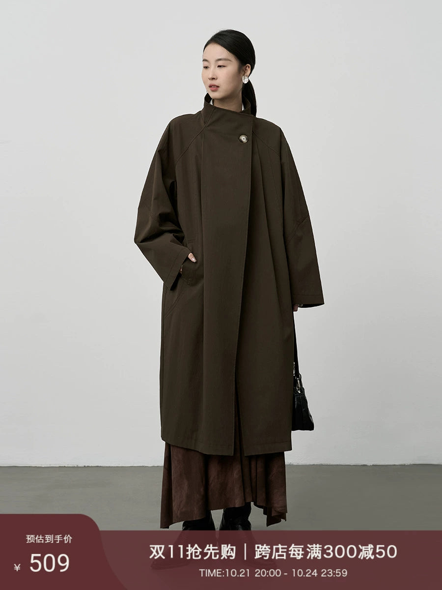 CAREMIND Silhouette langer Trenchcoat 2024 Frühling und Herbst neuer koreanischer Stehkragenmantel im britischen Stil für Damen 