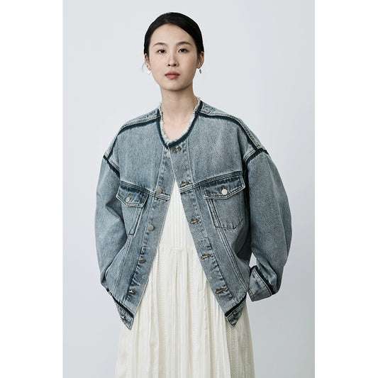 CAREMIND loose neck edge denim jacket women's long-sleeved color matching cardigan jacket women's top