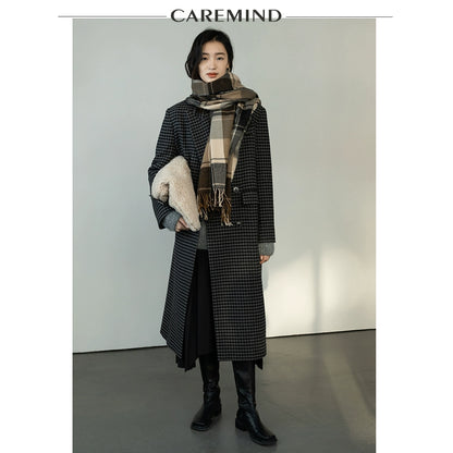 CAREMIND [Faust's Dream] Original karierter Wollmantel Damen Herbst und Winter neuer langer Mantel 