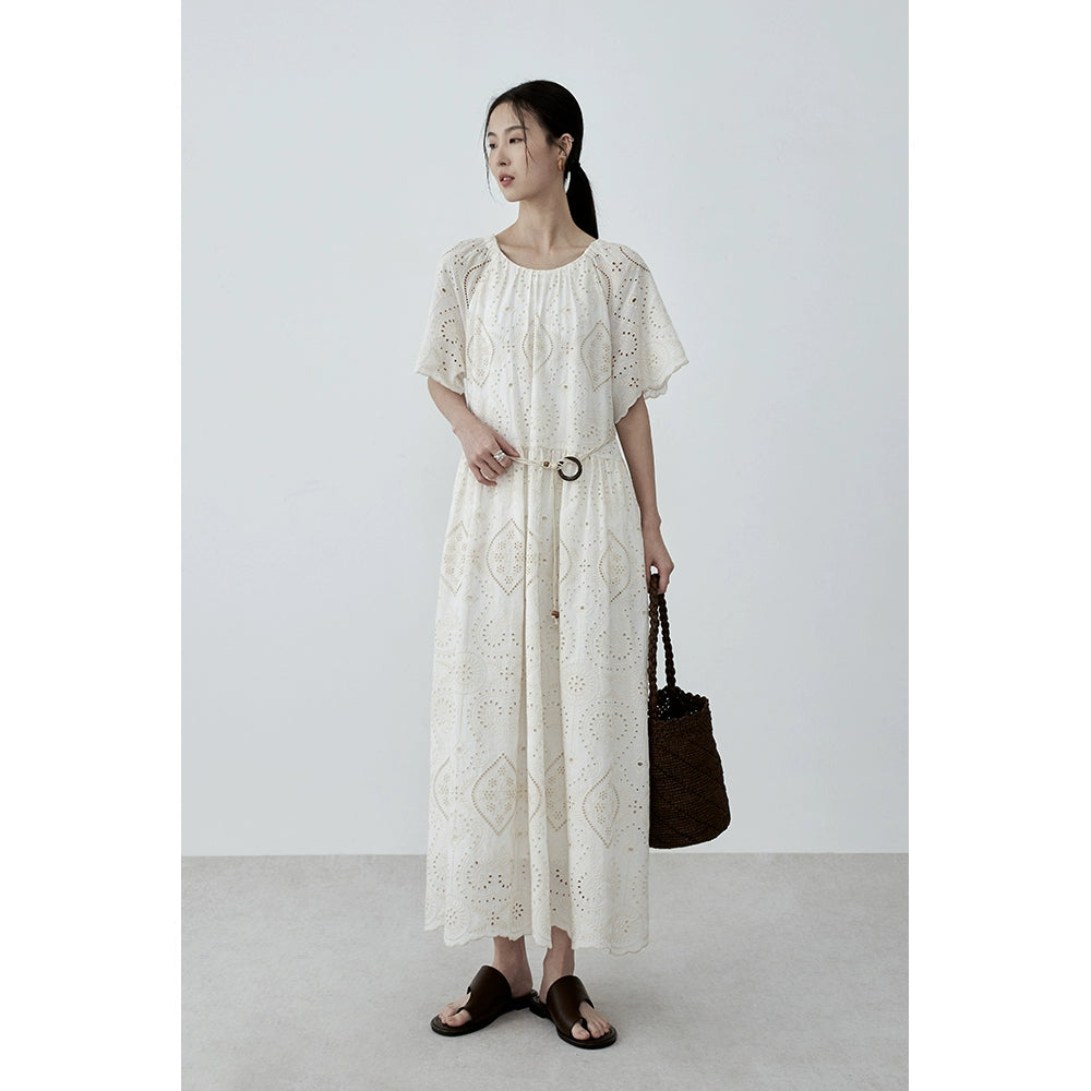 CAREMIND Heavy Industry Hollow-out Embroidered Beige Dress Women's Summer French Elegant Long Dress with Belt