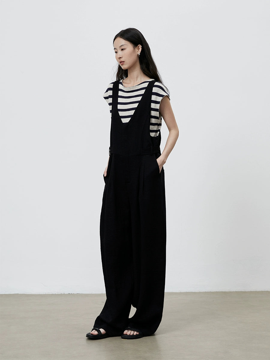 [Simple Life] CAREMIND Schwarz Casual Tooling Overalls Weites Bein Vielseitiger Skinny Jumpsuit Damen 