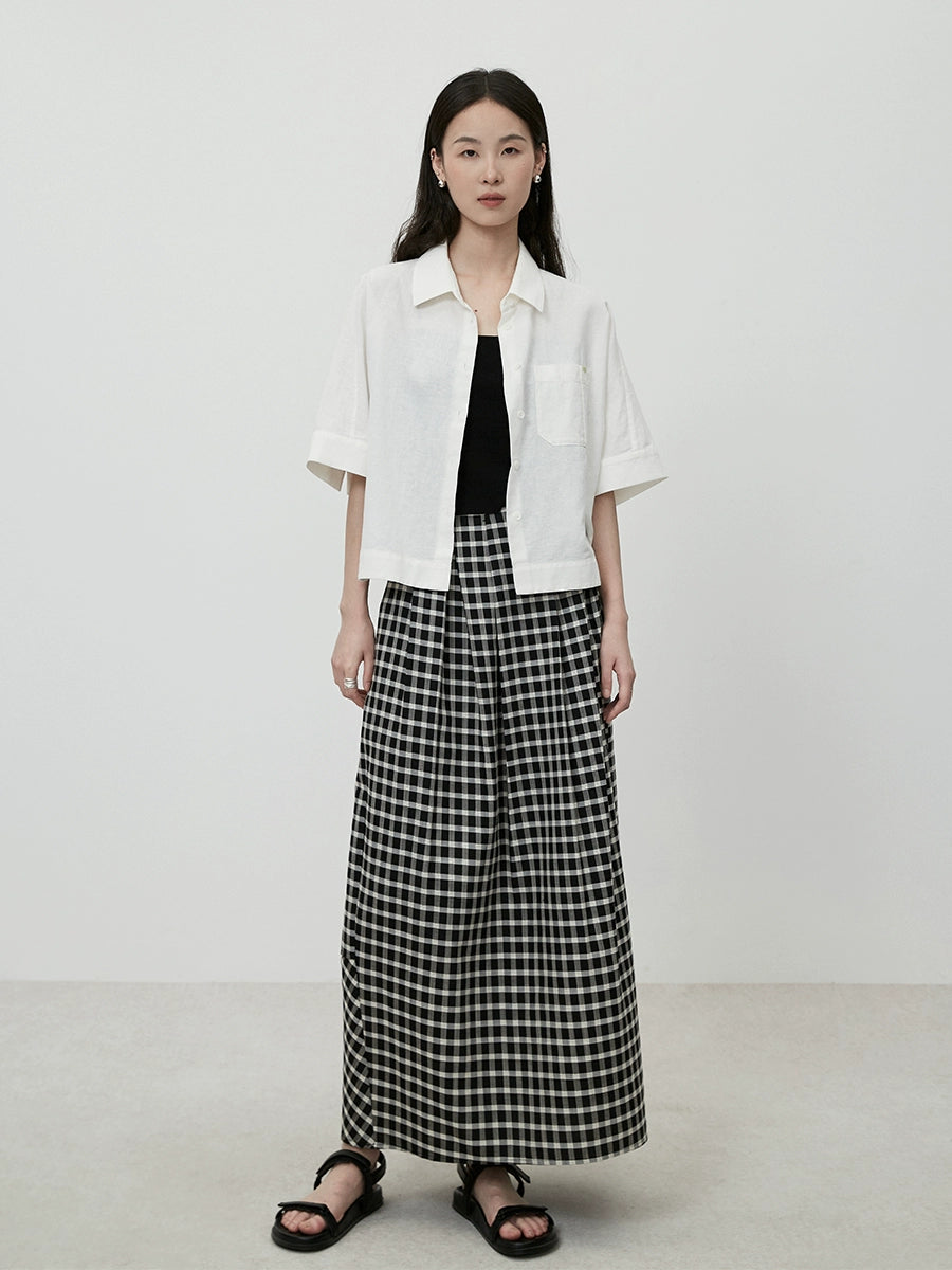 CAREMIND Hong Kong-style black and white plaid skirt autumn new retro high-waisted design long skirt