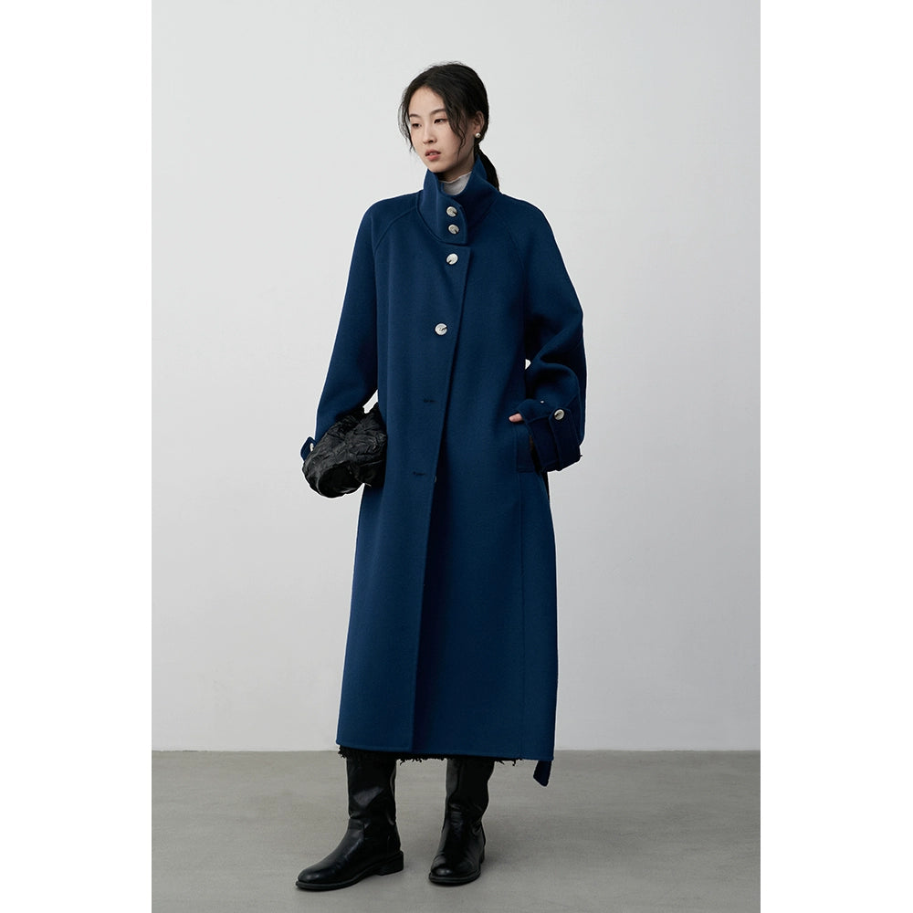 CAREMIND British retro premium blue thickened wool coat women's autumn and winter new double-sided woolen long coat