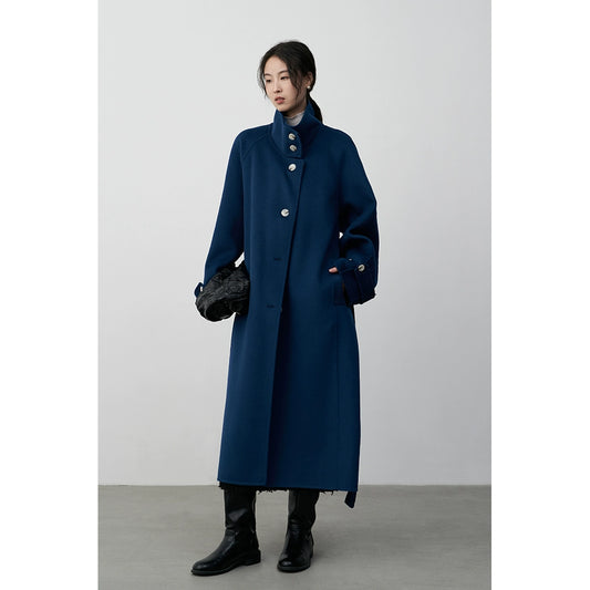 CAREMIND British retro premium blue thickened wool coat women's autumn and winter new double-sided woolen long coat