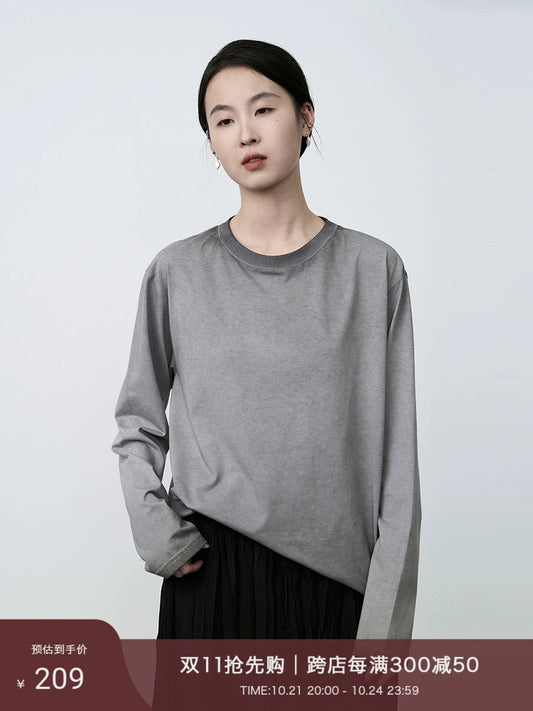 CAREMIND gray hanging dye design top comfortable soft waxy long-sleeved T-shirt with simple commute inside