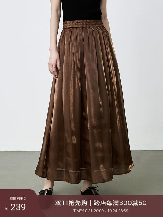 CAREMIND gilt yarn skirt, national style medium and long elastic waist drape a-word pleated skirt