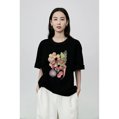 CAREMIND Lustiges T-Shirt mit Obst- und Gemüsedruck im japanischen Stil, schlichtes, literarisches und frisches Kurzarmhemd aus Baumwolle 