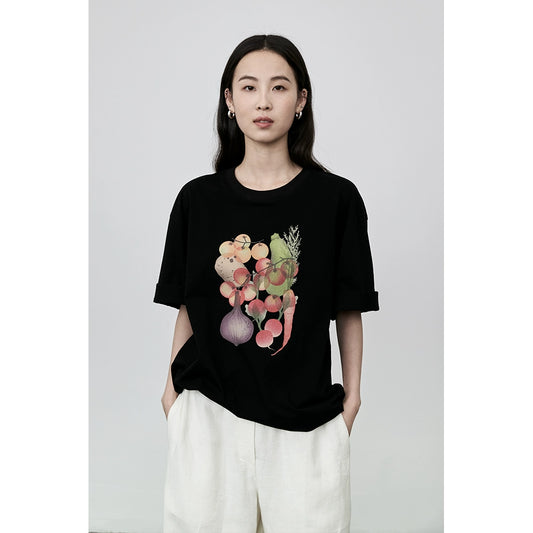 CAREMIND Japanese-style fun fruit and vegetable printing T-shirt simple literary and fresh cotton short-sleeved shirt