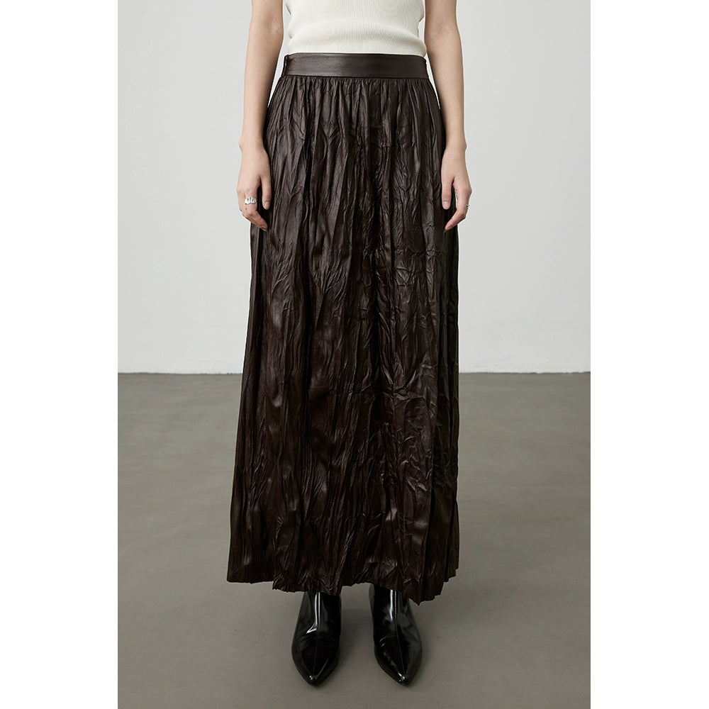 [Wandering the earth] CAREMIND chic brown-red pleated texture skirt niche versatile design long dress