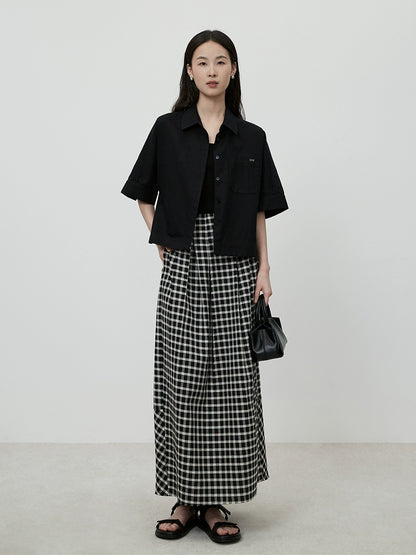 CAREMIND Hong Kong-style black and white plaid skirt autumn new retro high-waisted design long skirt