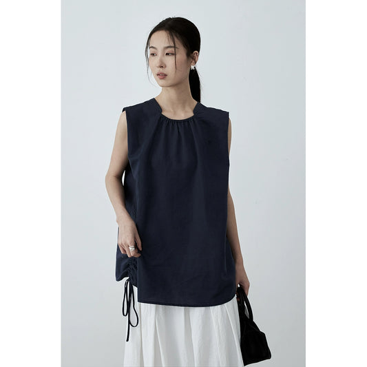 CAREMIND literary cotton and linen navy blue drawstring sleeveless vest outer wear design vest women