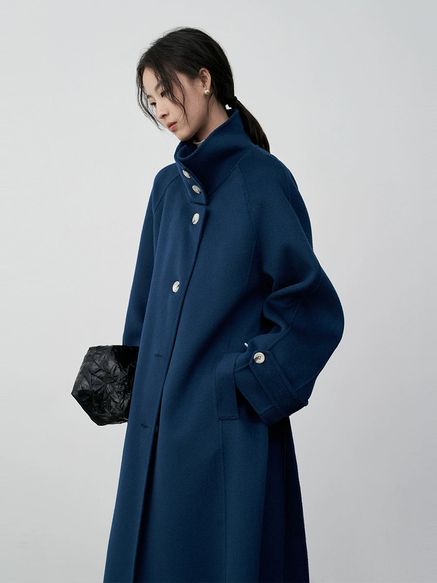 CAREMIND British retro premium blue thickened wool coat women's autumn and winter new double-sided woolen long coat